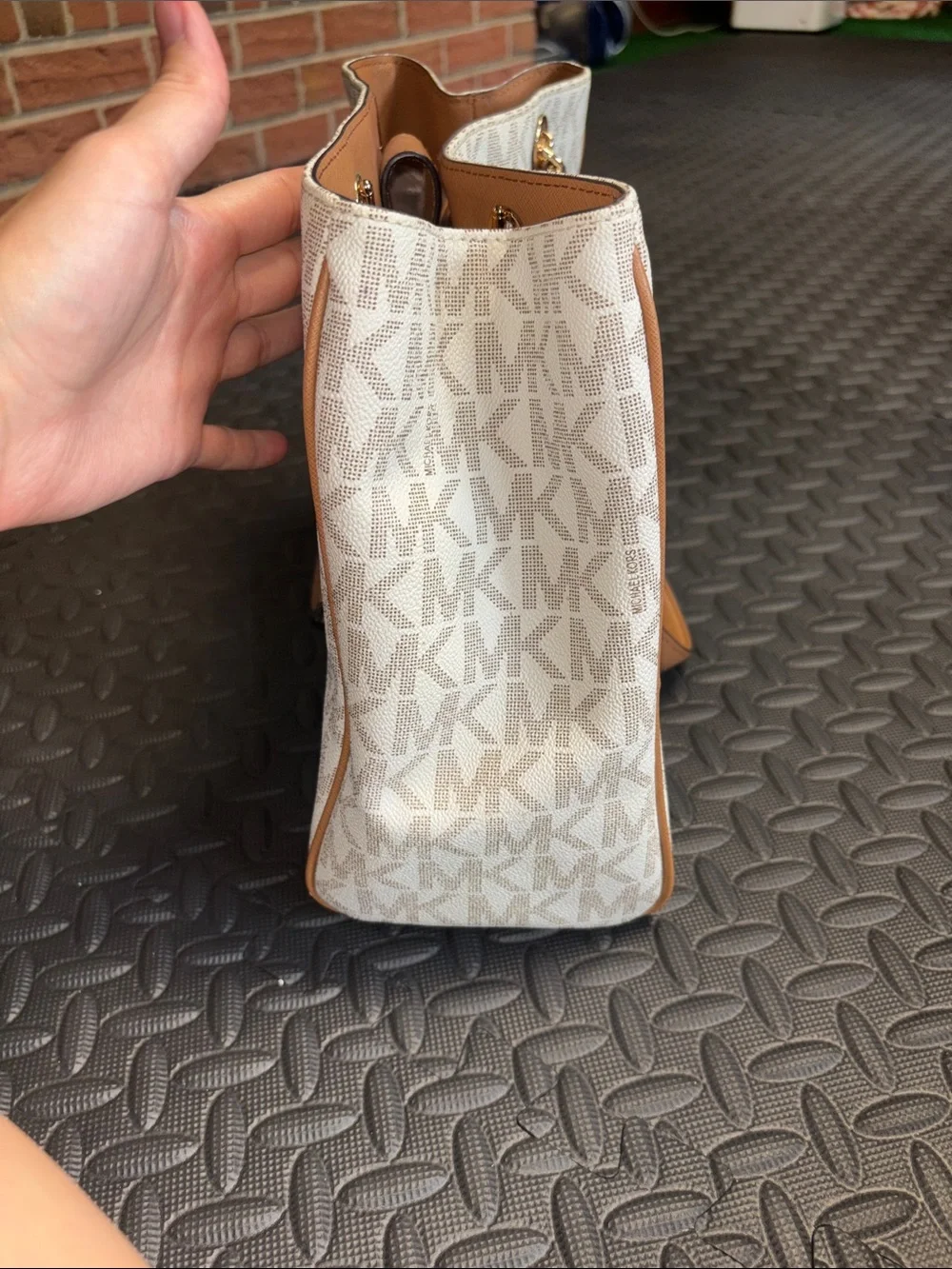 Michael Kors White and Brown MK Logo Chain-Handle Tote